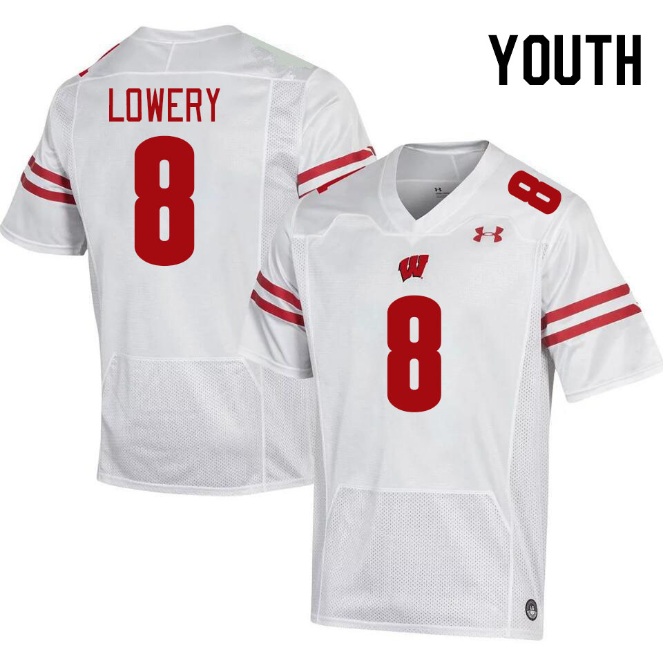 Youth #8 Leon Lowery Wisconsin Badgers College Football Jerseys Stitched-White